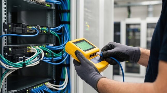 A technician, wearing gloves, tests network cables using a yellow measuring device in a data center filled with servers.