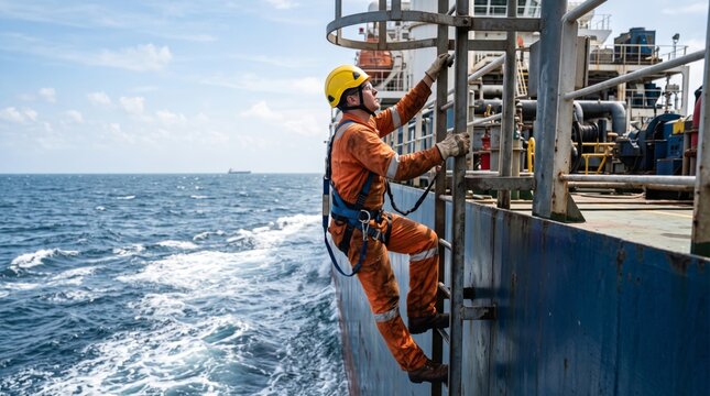 A male maritime worker, dressed in an orange jumpsuit and helmet, climbs a ladder on a ship surrounded by ocean waves.