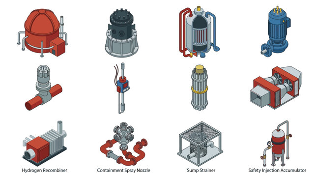 Isometric nuclear power plant equipment and industrial safety components vector icon set. Technical illustrations of reactor parts, pumps, valves, and strainers for engineering designs.