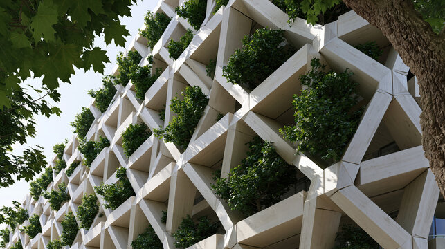 Climate resilient apartment exterior with green facade and geometric facade design
