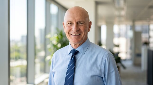 A confident older man with a bald head and blue shirt smiles warmly in a modern office environment.