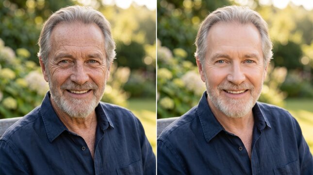 A smiling senior man with gray hair and beard outdoors, showcasing a warm and inviting expression amidst lush greenery.