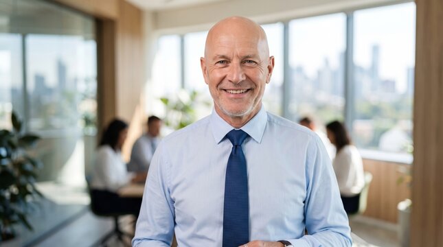 Confident elderly Caucasian man in business attire smiling in a modern office setting with colleagues in the background.