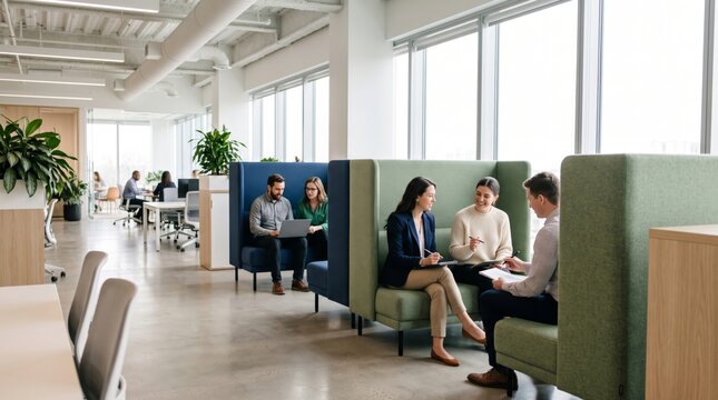 A diverse group of professionals collaborates in a modern office space with green accents, showcasing teamwork and productivity.