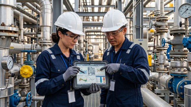 Two engineers, a woman and a man, analyze data on a digital tablet in an industrial facility, emphasizing teamwork and technology in a modern setting.