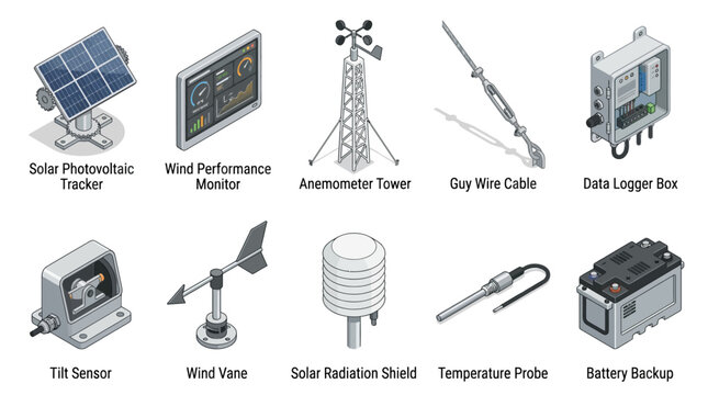 Isometric Weather Station and Renewable Energy Equipment Icon Set, featuring solar tracker, anemometer, wind vane, data logger, and sensor vectors for infographics and technical design