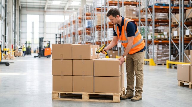 A male worker scans packages in a warehouse, highlighting organization and efficiency in logistics.
