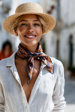 Photorealistic candid street style scene of a woman walking through a sunlit Italian coastal town wearing a classic straw canotier hat and a colorful silk headscarf tied at her nec