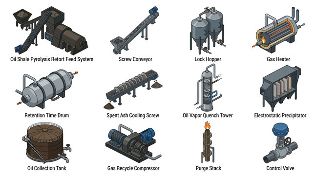 Isometric Industrial Equipment Icon Set for Oil Shale Pyrolysis and Refining Process Flowchart, Vector Technical Illustration of Machinery and Parts on White Background