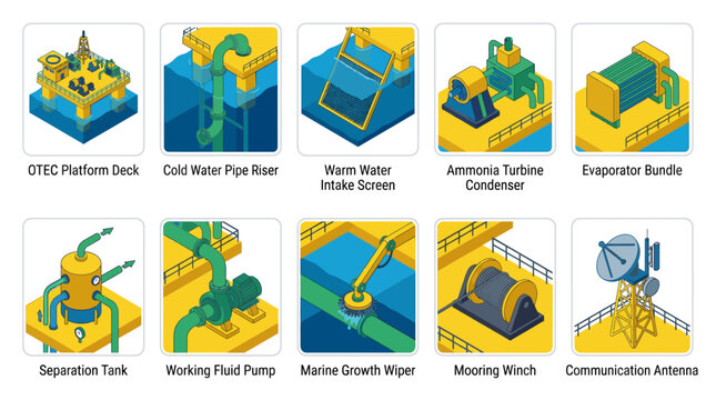 Isometric Icon Set of Ocean Thermal Energy Conversion OTEC System Components Including Platform Deck, Pipe Riser, Turbine Condenser, Evaporator, Pump, and Winch for Renewable Energy Education