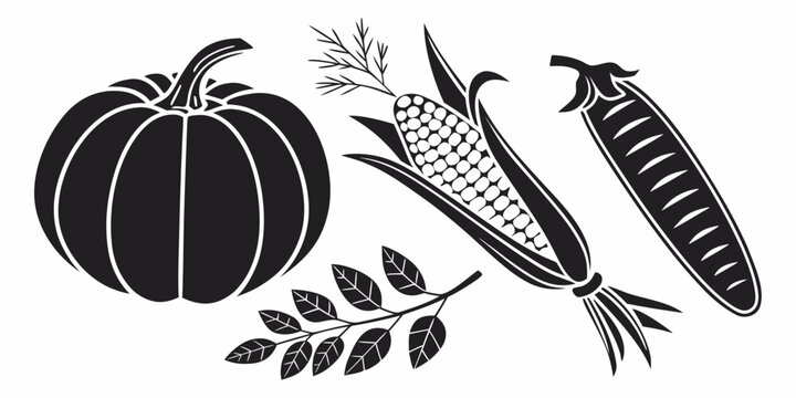 Minimalist black and white vector illustration of fall harvest vegetables including pumpkin corn and pea pod with vegetables silhouette agriculture