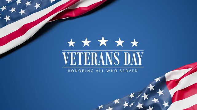 Two wrinkled flags of the USA draped onto a flat dark blue surface and the text "Veterans Day - Honoring all who served" appearing