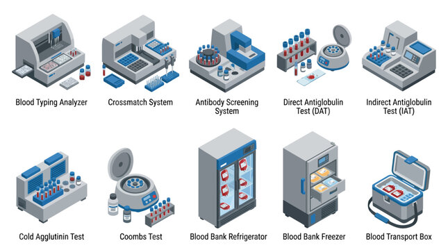 Isometric Vector Icon Set of Blood Bank Laboratory Equipment for Medical Infographics, Hematology Testing and Diagnostic Devices