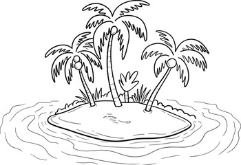 Hand drawn tropical island with coconut palms and shoreline vector illustration for summer travel themes © Billal