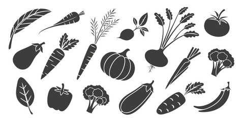 Black and white vegetable set illustration featuring various organic farm produce vegetables vegetarian broccoli eggplant nutrition ingredients © Mamun