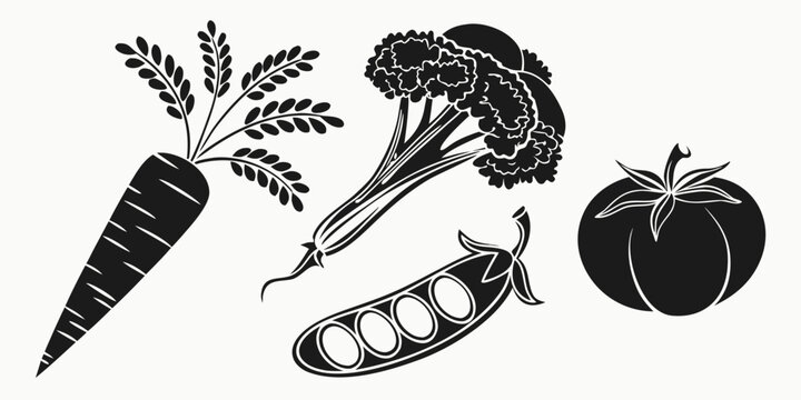 Set of black and white silhouette vegetable icons including carrot broccoli pea pod and tomato vegetables silhouette broccoli ingredients