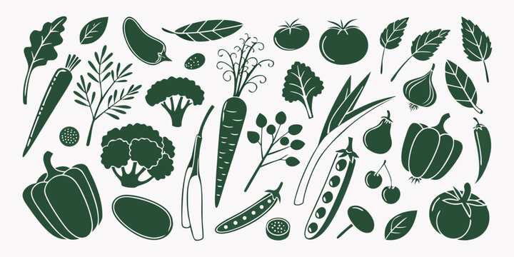 Set of hand drawn style vegetable and herb icons with vegetables nutrition broccoli vegetarian ingredients agriculture collection monochrome