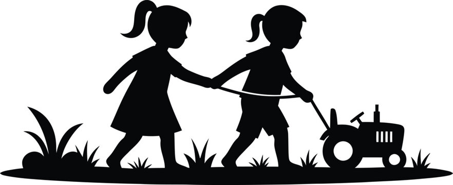 Two children playing together with a small toy tractor vector illustration