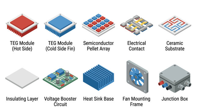 Isometric Thermoelectric Generator TEG Components Icon Set for Green Energy Technology Presentations and Scientific Engineering Diagrams featuring Heat Sink and Voltage Booster Circuit Vector
