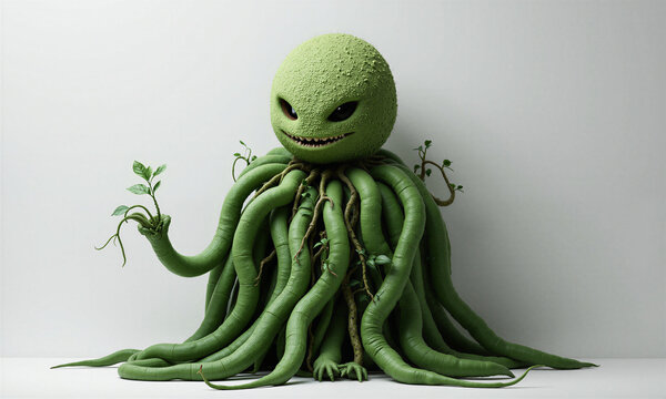 Monster plant creature sits in a minimalist studio setting with long green tentacles and a menacing grin against a white backdrop