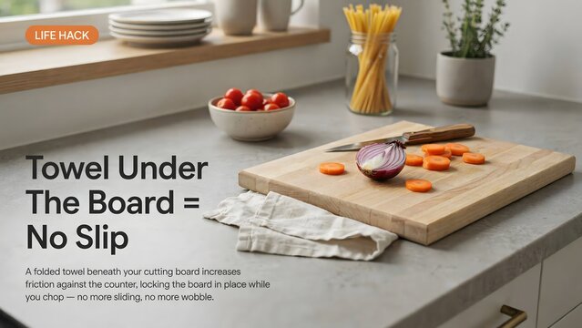 TIPS & TRICKS: Scandinavian kitchen counter with wooden cutting board, fresh vegetables, and modern minimalist design