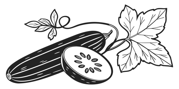 Graphic illustration of whole cucumber and half slice with leaves cucumber vegetable vegetarian ingredient nutrition agriculture illustration