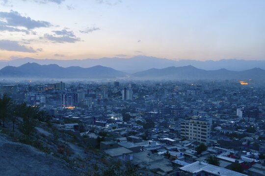 Kabul, Afghanistan - 20 th october, 2023: Aerial view panorama capital cityscape in sunny day. Residential Buildings architecture and high rise apartment buildings
