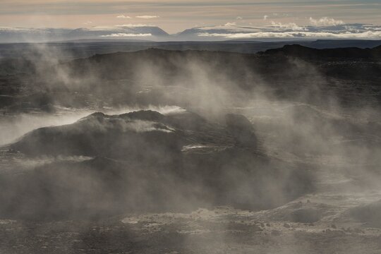 Rising steam, fumarole, N&aacute;mafjall, M&yacute;vatn or Myvatn, Krafla volcano system, Northern Iceland, Iceland