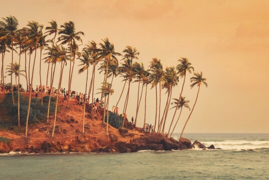 \ Overcrowded Coconut Island Panoramic View of tiny popular travel destination in Sri Lanka. Crowded viewpoint famous landmark attraction Ecological impact, pollution climate crisis concept