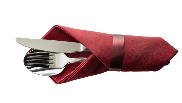 Isolated elegant silverware set with a shiny knife and fork wrapped in a rich red fabric napkin.