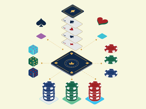 Casino Gaming Elements Exploded Isometric Composition with Playing Cards Dice Poker Chips and Luxury Table Vector Set