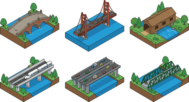 Isometric Bridge Architecture Collection Featuring Suspension Bridge Stone Arch Railway Overpass Truss Grid and Covered Wooden Bridges for Vector Map Design