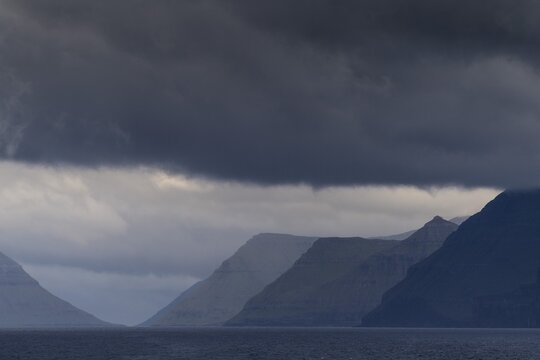 Low clouds over Kalsoy and Eysturoy, Dj&uacute;pini, Faroe Islands, Denmark