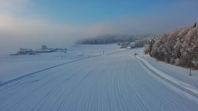 Drone View of Snow-Covered Fields, Forest, and Farm in Winter Fog