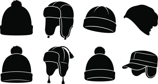 Winter Hat Black Silhouette Icon Set with Beanies Trapper Hats and Cold Weather Caps