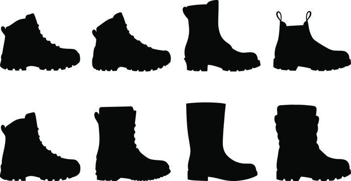 Work Boot Silhouette Icon Set Black Vector Collection of Industrial and Outdoor Footwear