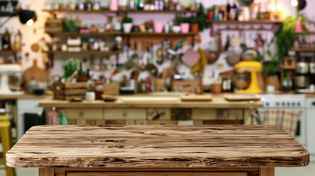 Wooden tabletop foreground in cozy kitchen workshop with blurred rustic interior and warm light