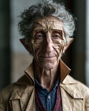Surreal portrait of a man with an origami face and elf ears