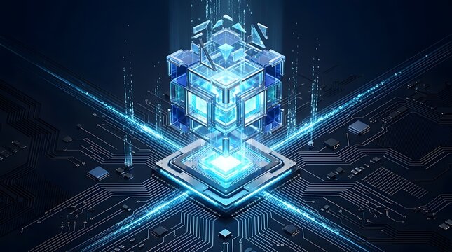 Glowing blue futuristic 3D cubic structure floating on computer processor representing quantum computing blockchain and artificial intelligence core