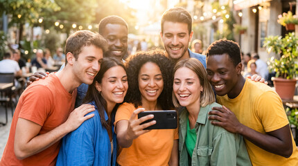 Obraz premium diverse friends group selfie city lifestyle social happiness youth stylish young friends gather closely for a phone moment in a city street creating modern friendship and social connection for social