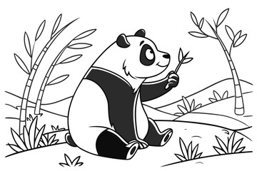 Fototapeta premium Single cute panda coloring book page, one large centered panda only, adorable kawaii style sitting and waving, thick bold clean black outlines, smooth vector line art, minimal details, large open spac