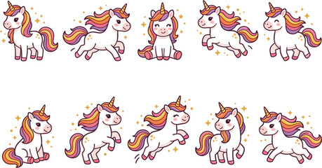 Cute magical unicorn vector set featuring cartoon character poses with rainbow mane and stars isolated on white background. © Dulal creation 