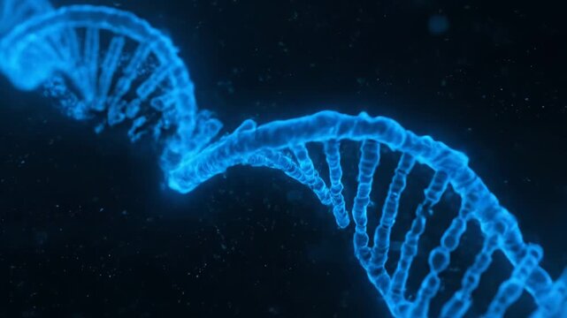 Glowing blue DNA structure against a dark background, illustrating genetic code and molecular biology