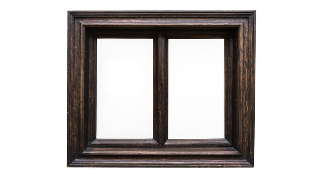 Isolated classic weathered dark brown wooden window frame with two empty glass panes