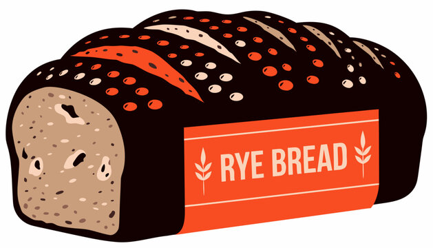 Very beautiful realistic vector of RYE BREAD featuring a rustic dark loaf with textured crust and a colorful label reading "RYE BREAD", isolated on white background.