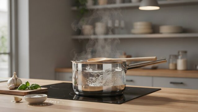 TIPS & TRICKS: Steaming glass pot of boiling water on modern induction cooktop in cozy kitchen with fresh herbs and garlic