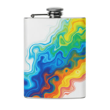 A sleek silver hip flask featuring a vibrant and abstract liquid marble design