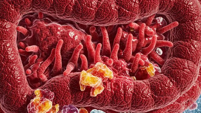 Inflamed intestinal tissue with immune cells attacking pathogens showing detailed red swollen villi and yellow immune response infection irritation