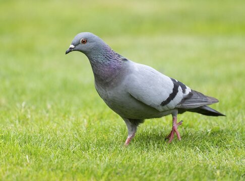 Domestic pigeon (Columba livia domestica) on a lawn, green area in search of food, Lower Saxony, Germany