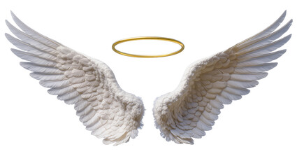 Isolated beautiful white angel wings and a radiant golden halo symbolizing purity and divinity © Ioana